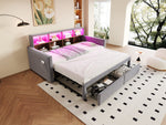 Extendable Upholstered Sofa Bed with LED Headboard, Storage and Charging Ports, Light Grey Velvet
