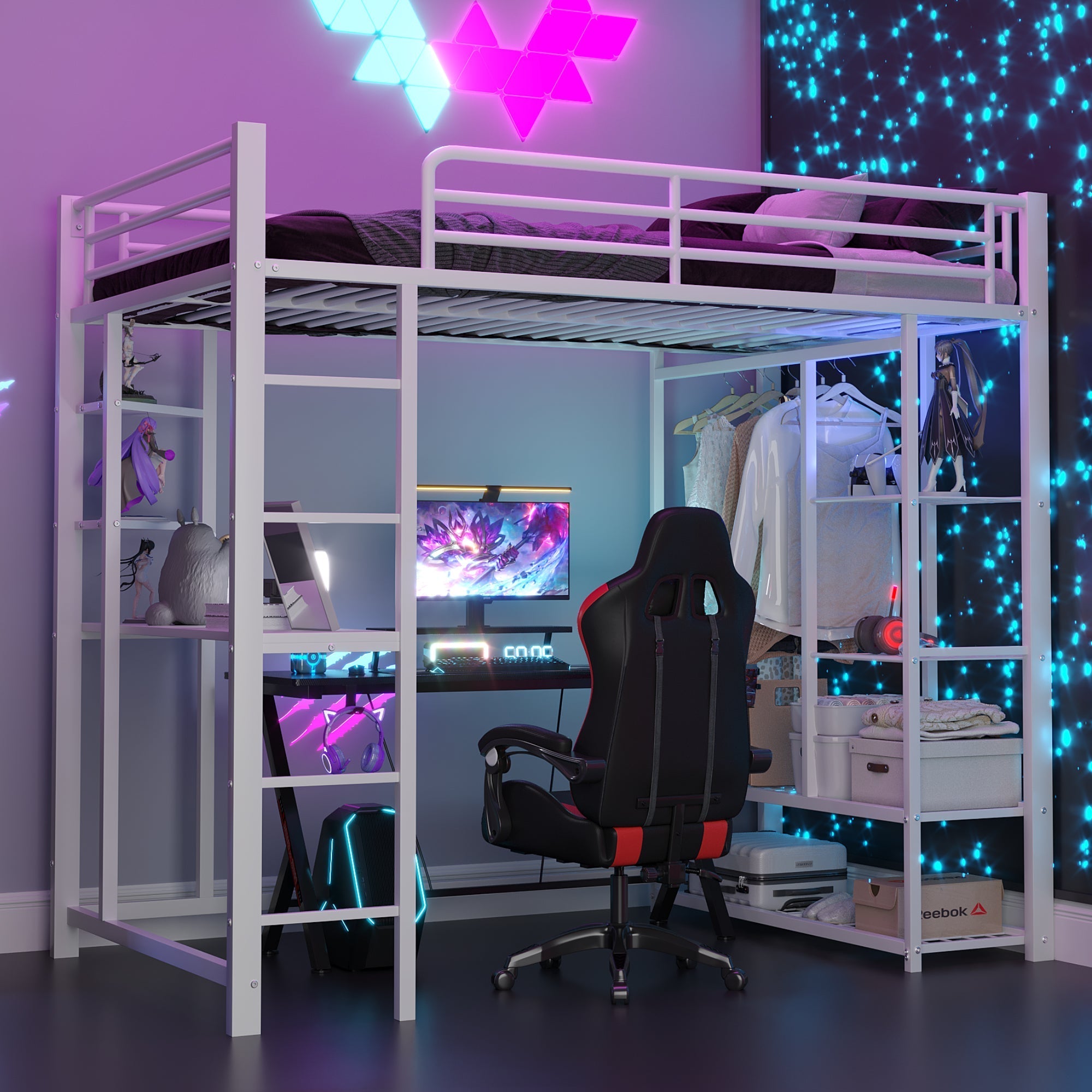 Loft Bed, Ladder & Table, Storage, White