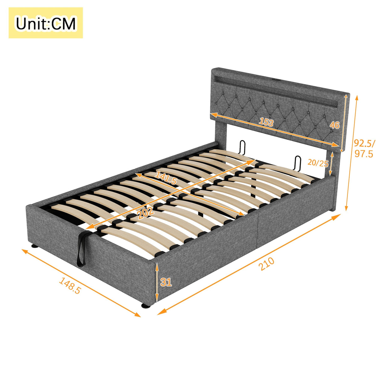 Upholstered Bed 140x200cm Hydraulic Storage Adjustable Height LED USB/Type-C - Grey