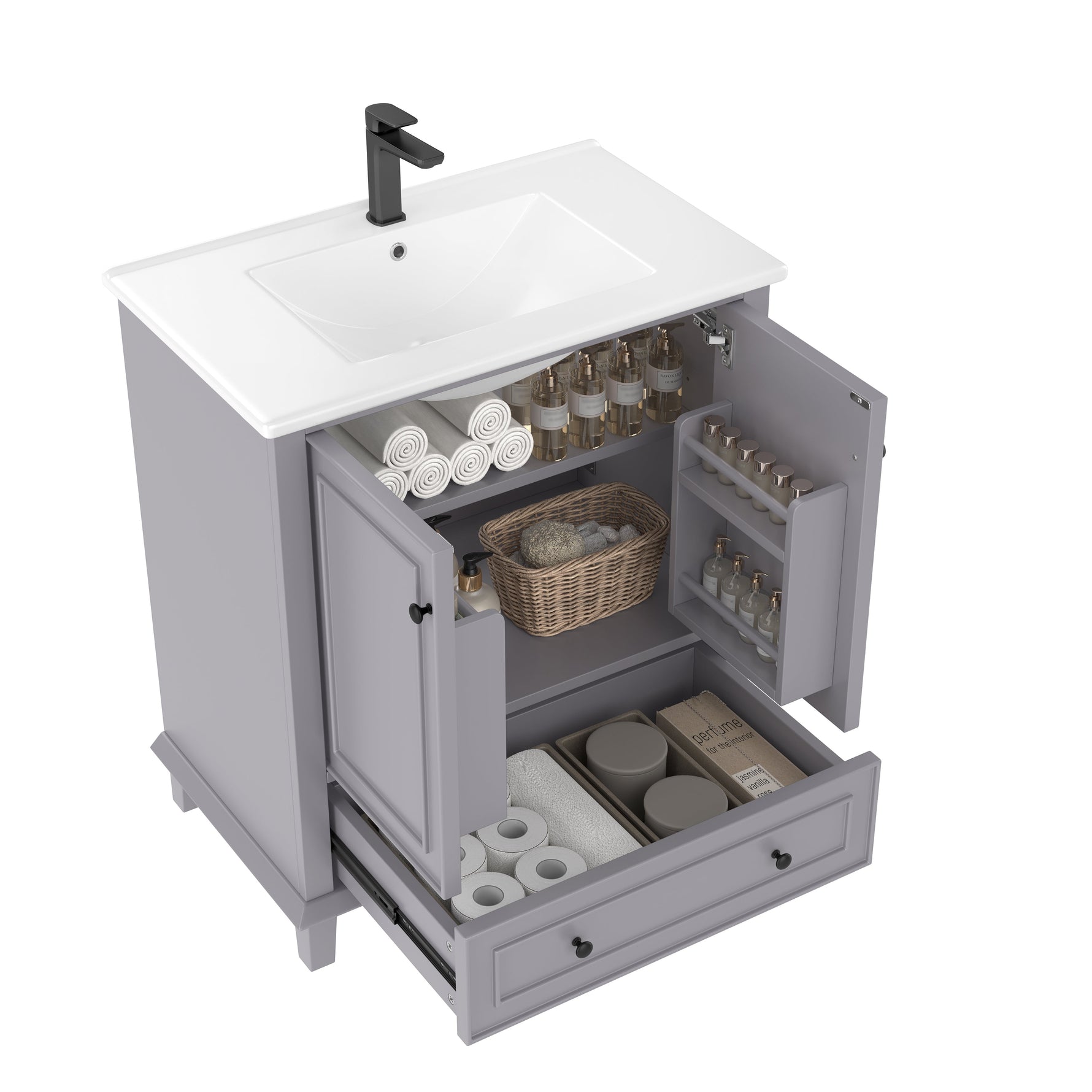 Floor-standing Bathroom Cabinet with Integrated Ceramic Washbasin and Solid Wood Legs, Grey