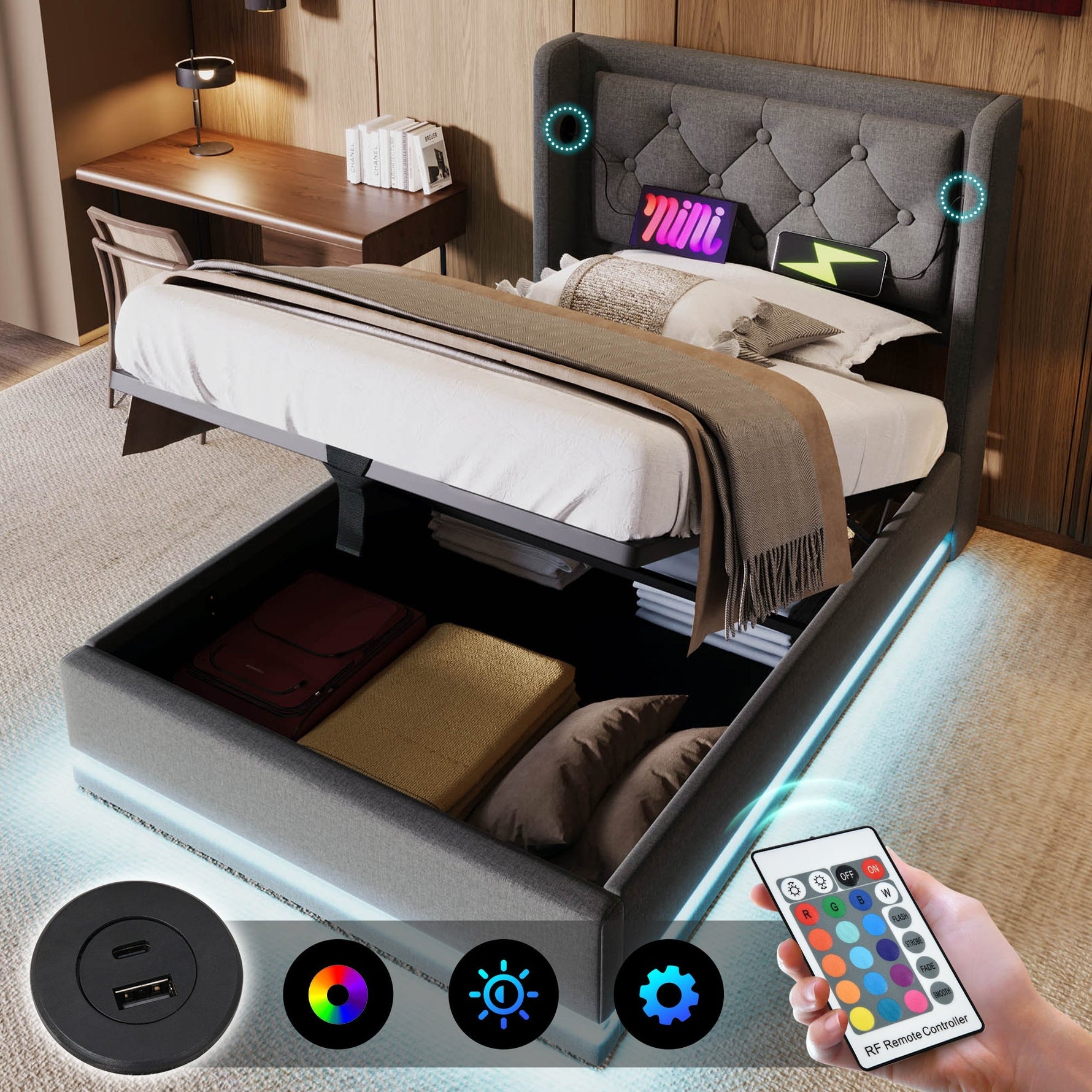 Upholstered Single Bed, Hydraulic Storage with USB & LED, Gray Cotton