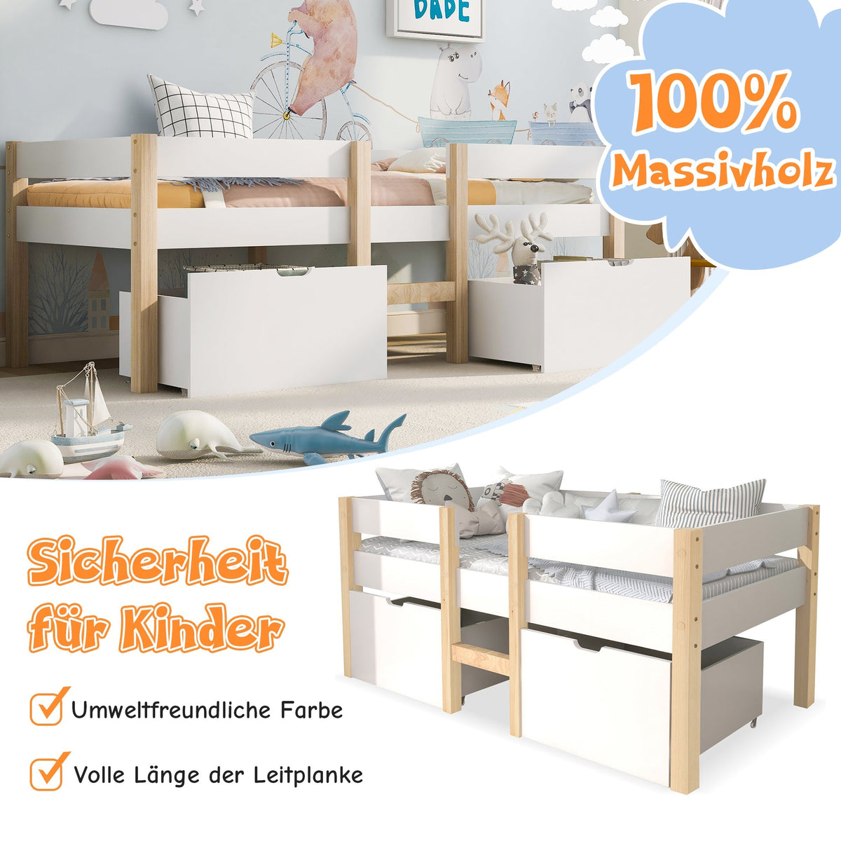 Children's Bed with Drawer & Fall Protection, 90x190cm, Solid Pine Wood, White & Oak