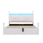 Multifunctional Double Bed with Hydraulic Storage, Canopy, LED and USB, 140x190cm, White Wrought Iron