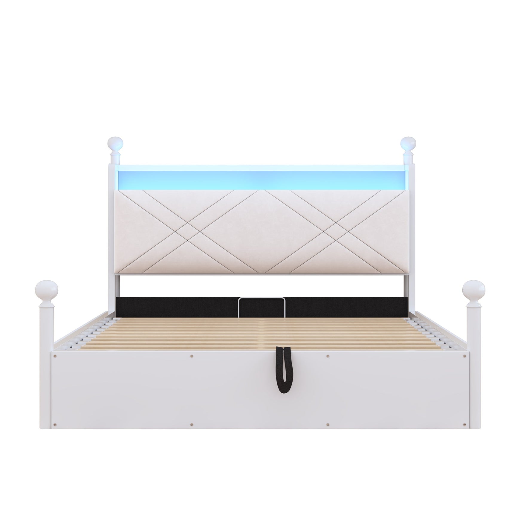 Multifunctional Double Bed with Hydraulic Storage, Canopy, LED and USB, 140x190cm, White Wrought Iron