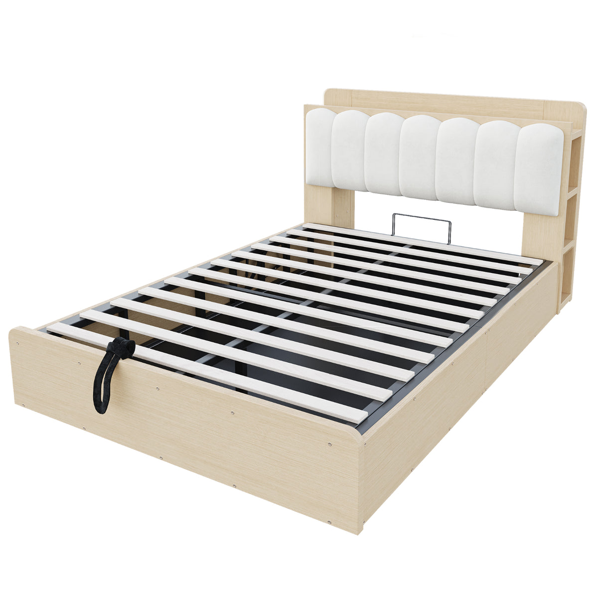 Wooden Flatbed 140x200 with Hydraulic Storage & USB, Wood Color