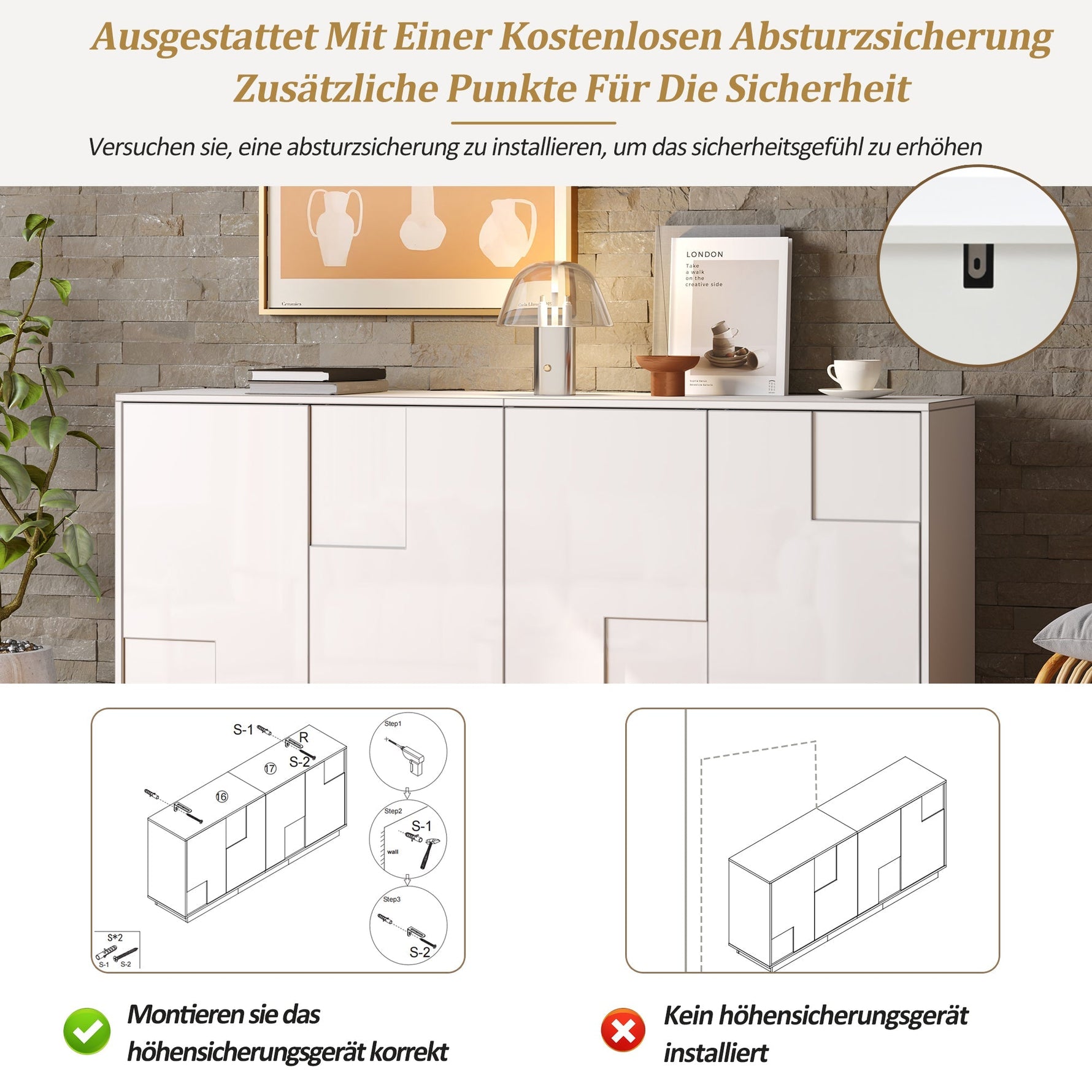 Sideboard 160cm High-Gloss 4 Doors Storage Geometric Design - White/Black