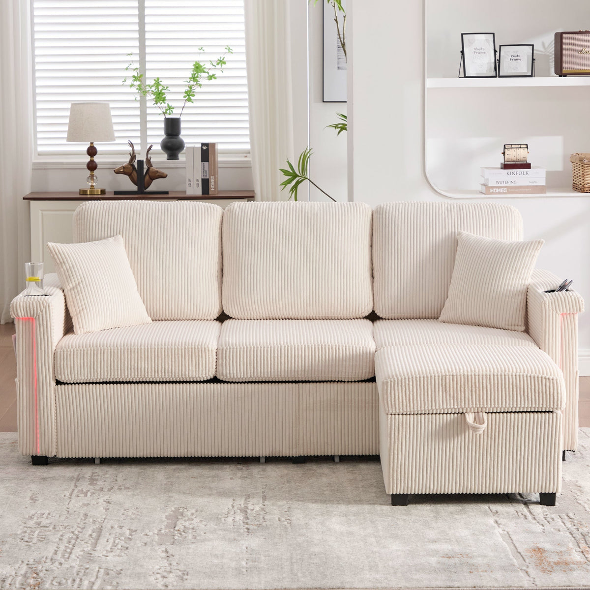 Velvet Sofa, LED USB-C Storage Footrest Cup Holders, Beige