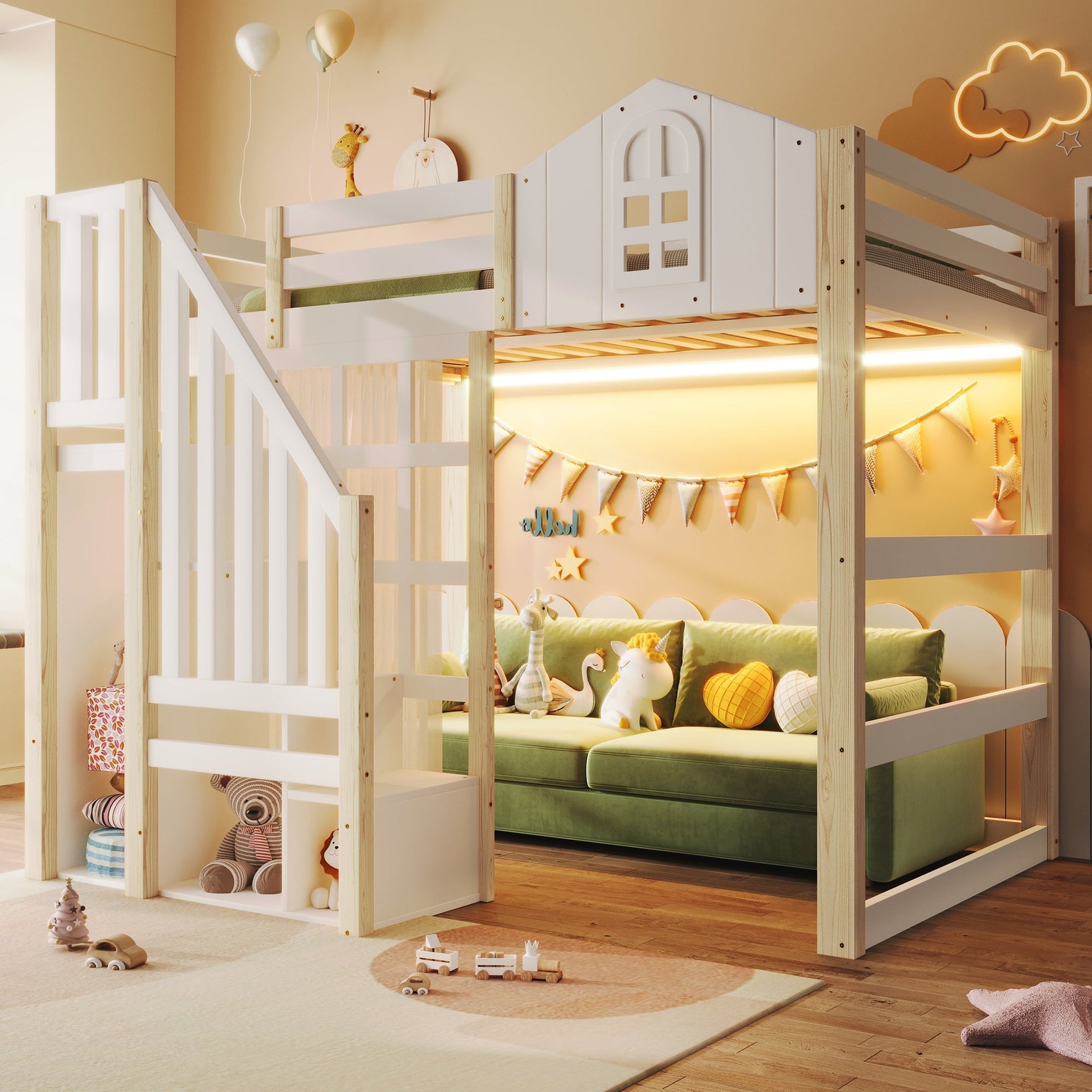 Loft Bed with LED Lights, Window Design and Storage Ladder, White and Natural