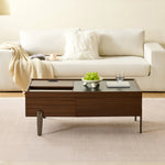 Modern Coffee Table with Drawers, Glass Top & Storage, Dark Brown Wood & Marble-Effect