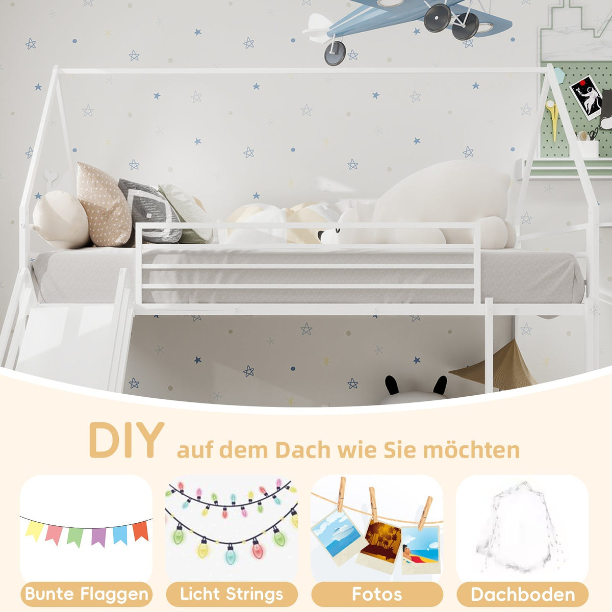 Twin over Twin Bunk Bed, House Shaped with Slide & Ladder, Metal