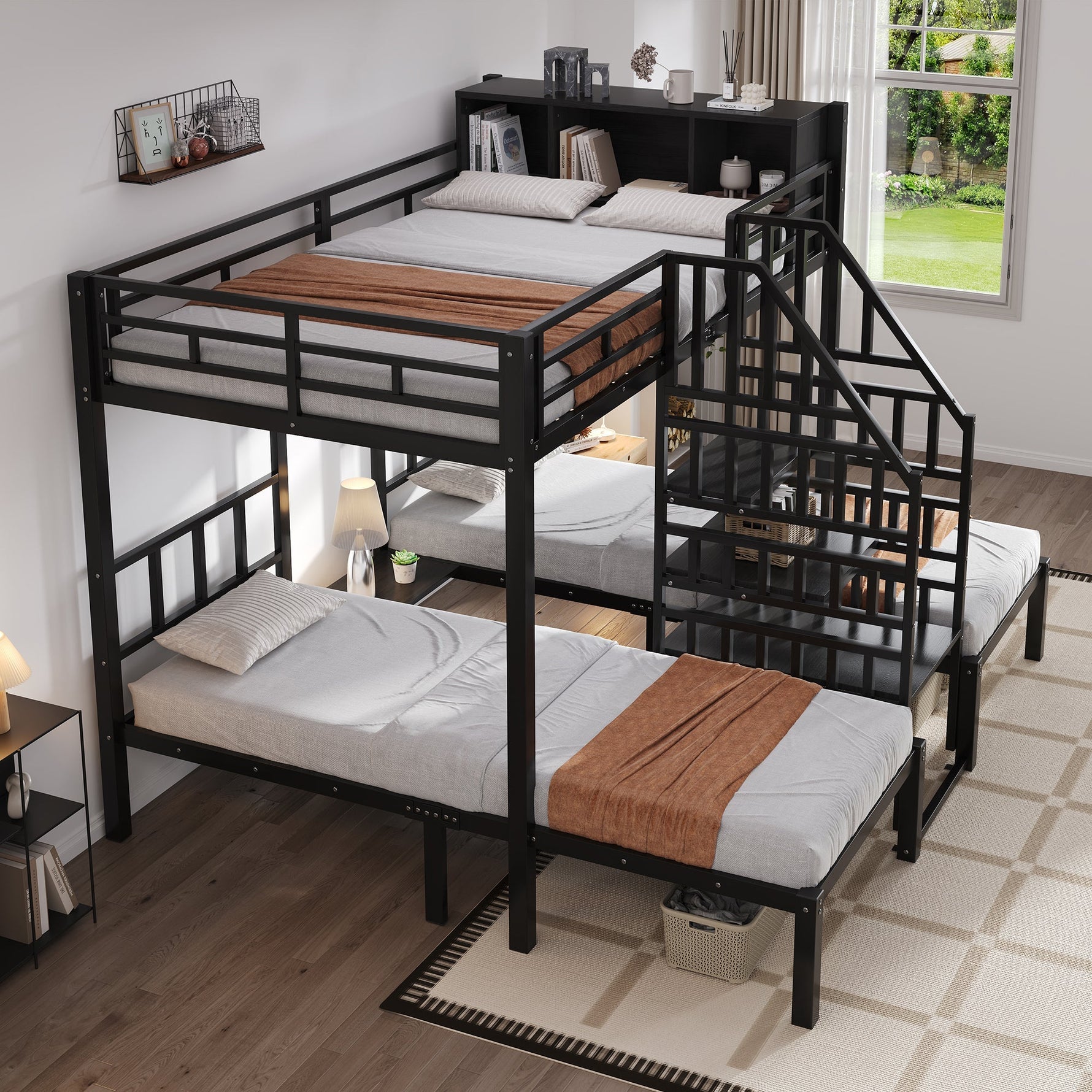 Iron Bunk Bed 3-Sleeper with Storage Stairs 90x200/140x200cm, Black