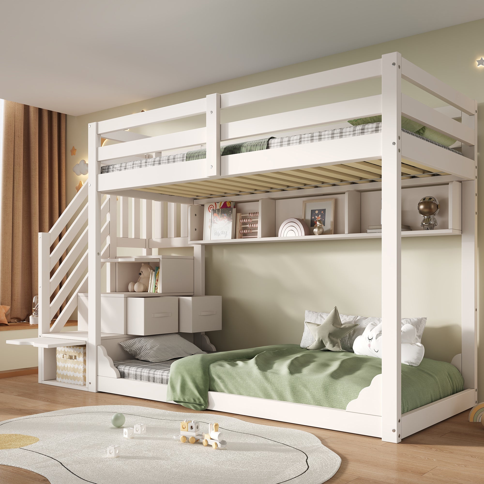 Bunk Bed 90x200cm with Staircase Storage & Safety Railing - White Wood