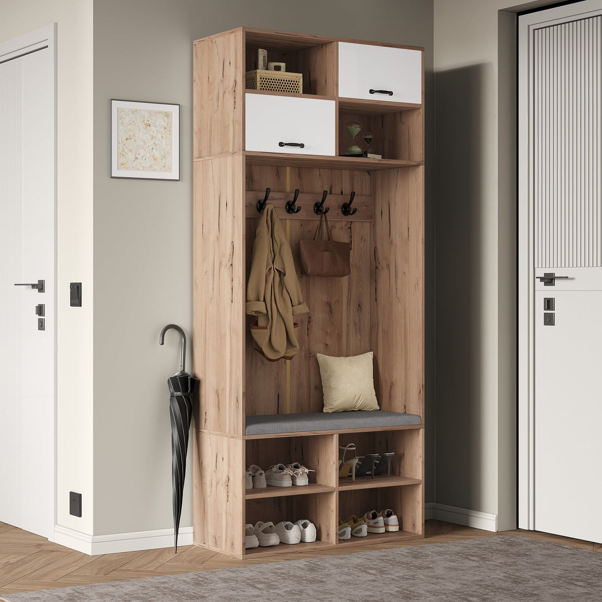 Wardrobe Set Hallway Bench 5 Hooks 2 Doors 6 Storage 80x185x35cm, Natural Wood/White