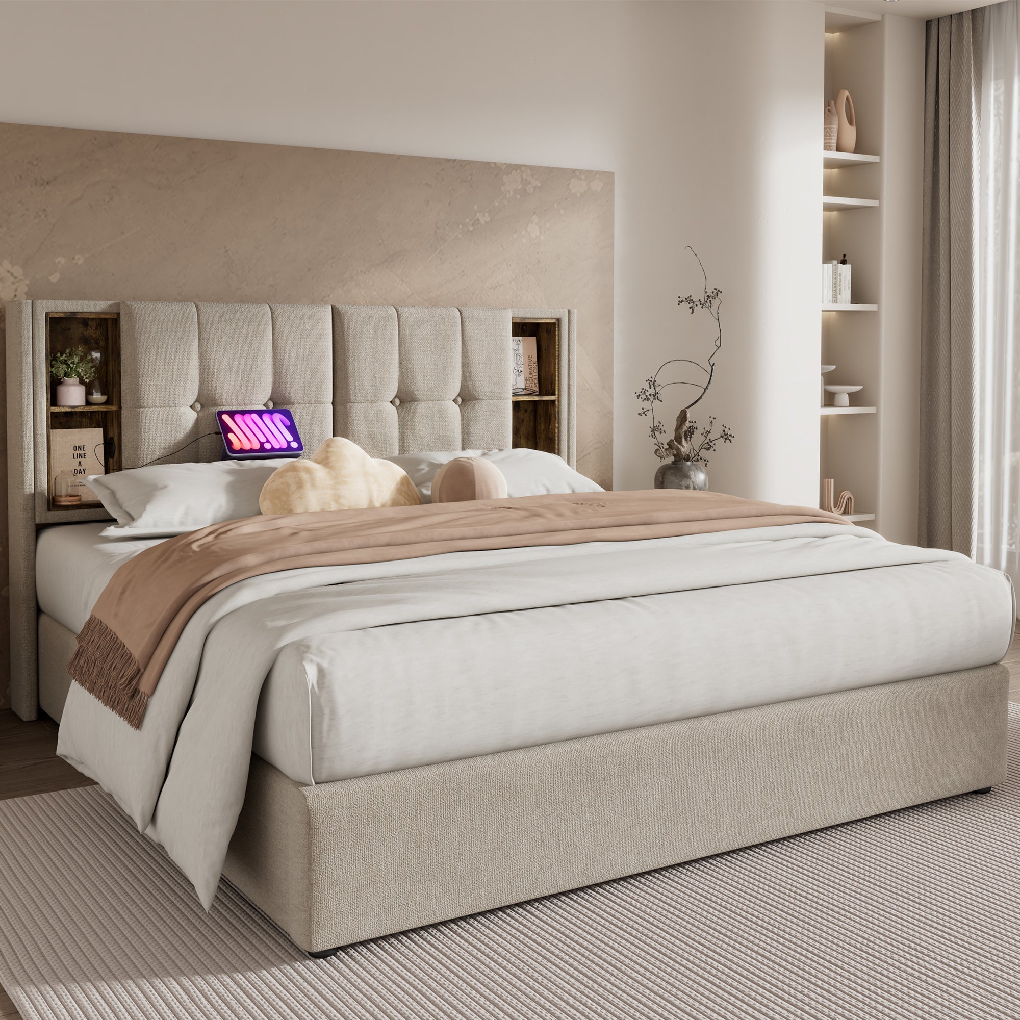Double Bed with Wireless Charging USB C, 160x200cm, Storage, Natural Linen