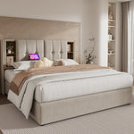 Double Bed, Wireless Charging USB C, Storage, 140x200cm, Wood-Natural Linen
