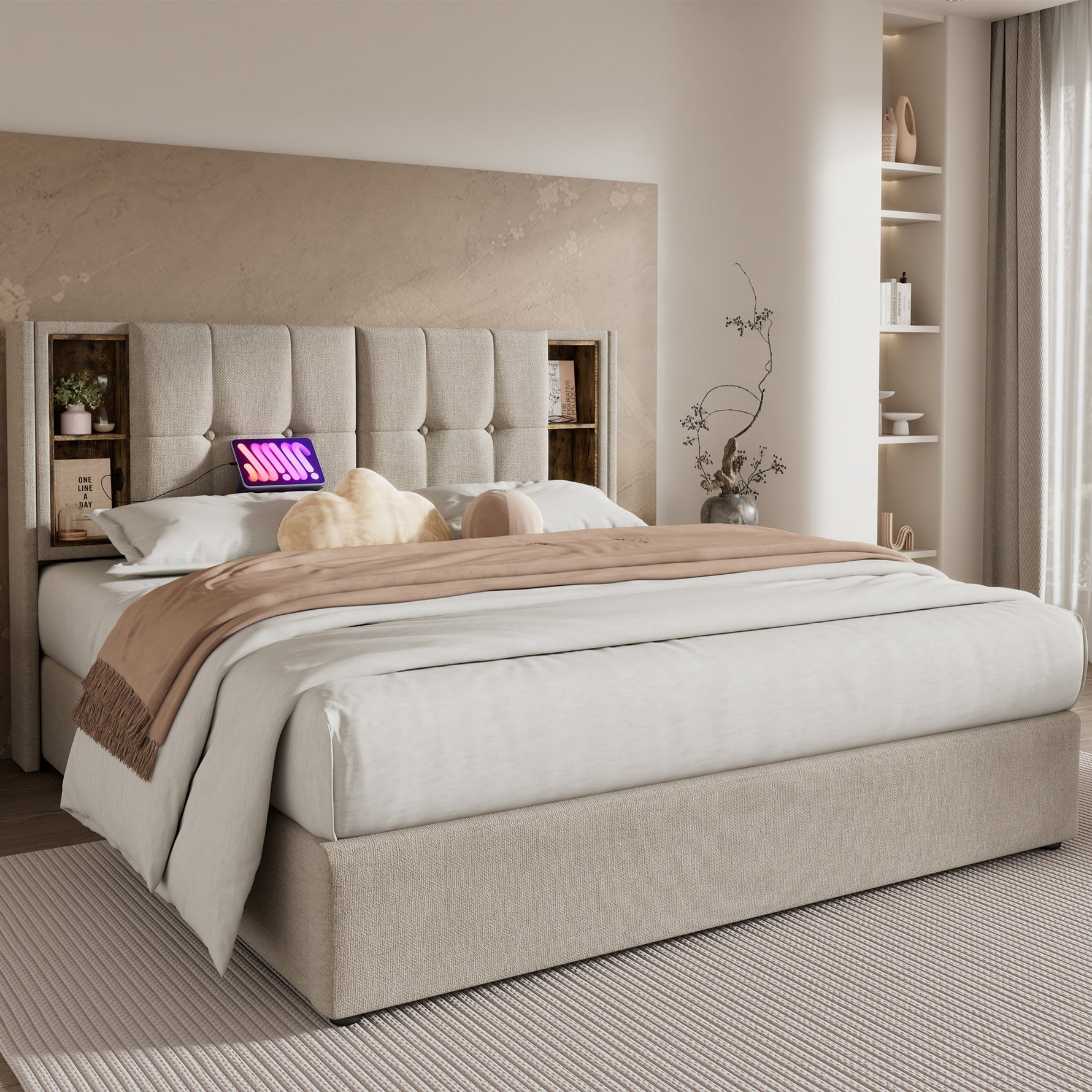 Double Bed, Wireless Charging USB C, Storage, 140x200cm, Wood-Natural Linen