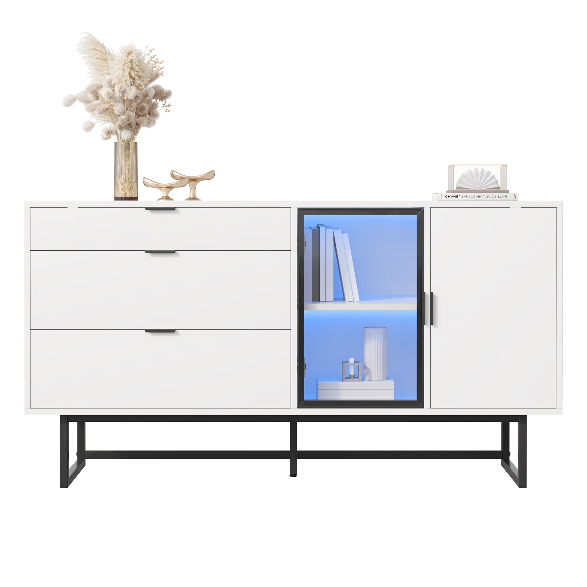 Sideboard Buffet Cabinet with 3 Drawers, Glass Doors and LED Lights, White Wood