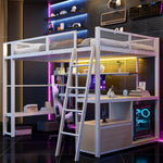 Gaming Loft Bed 140x200cm with Workspace & LED, White Metal