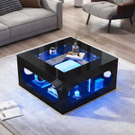 Coffee Table 70x70x35cm Square Hollowed-Out Tempered Glass LED High-Gloss Black MDF