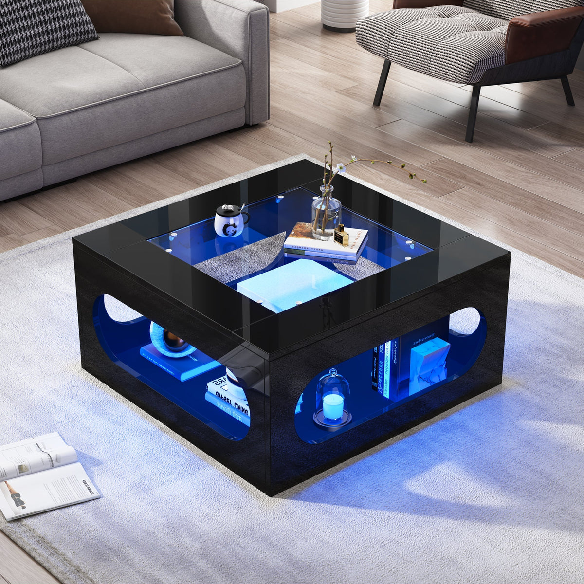 Coffee Table 70x70x35cm Square Hollowed-Out Tempered Glass LED High-Gloss Black MDF