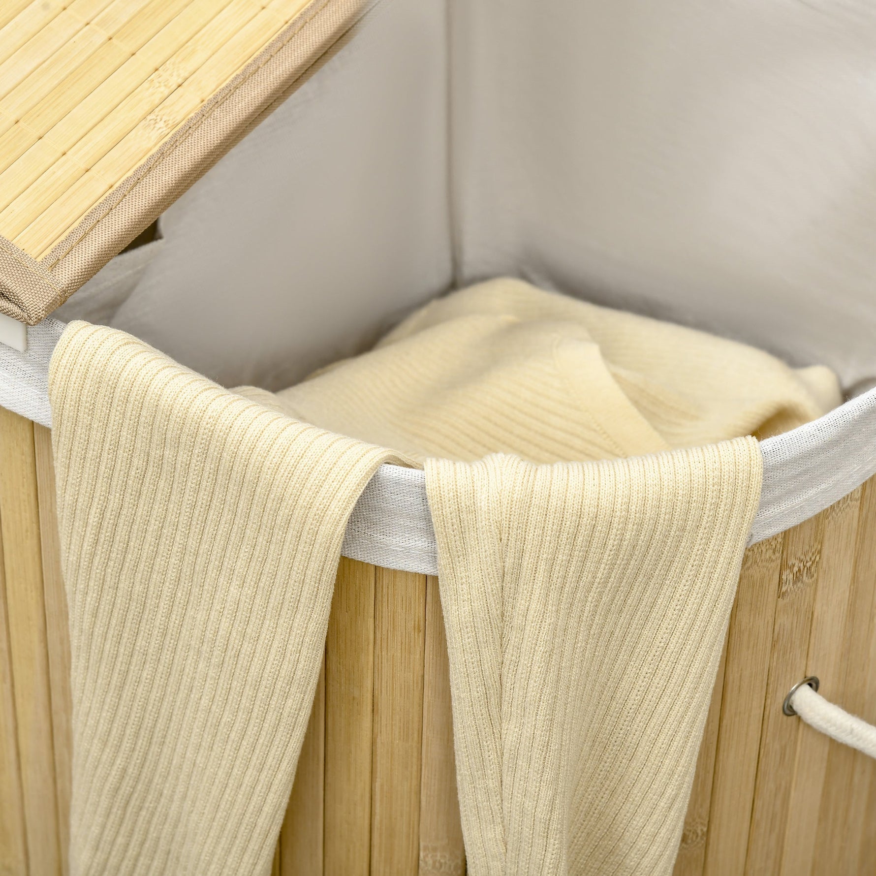 Laundry Basket Sorter 2-Section Removable Lid Natural Bamboo