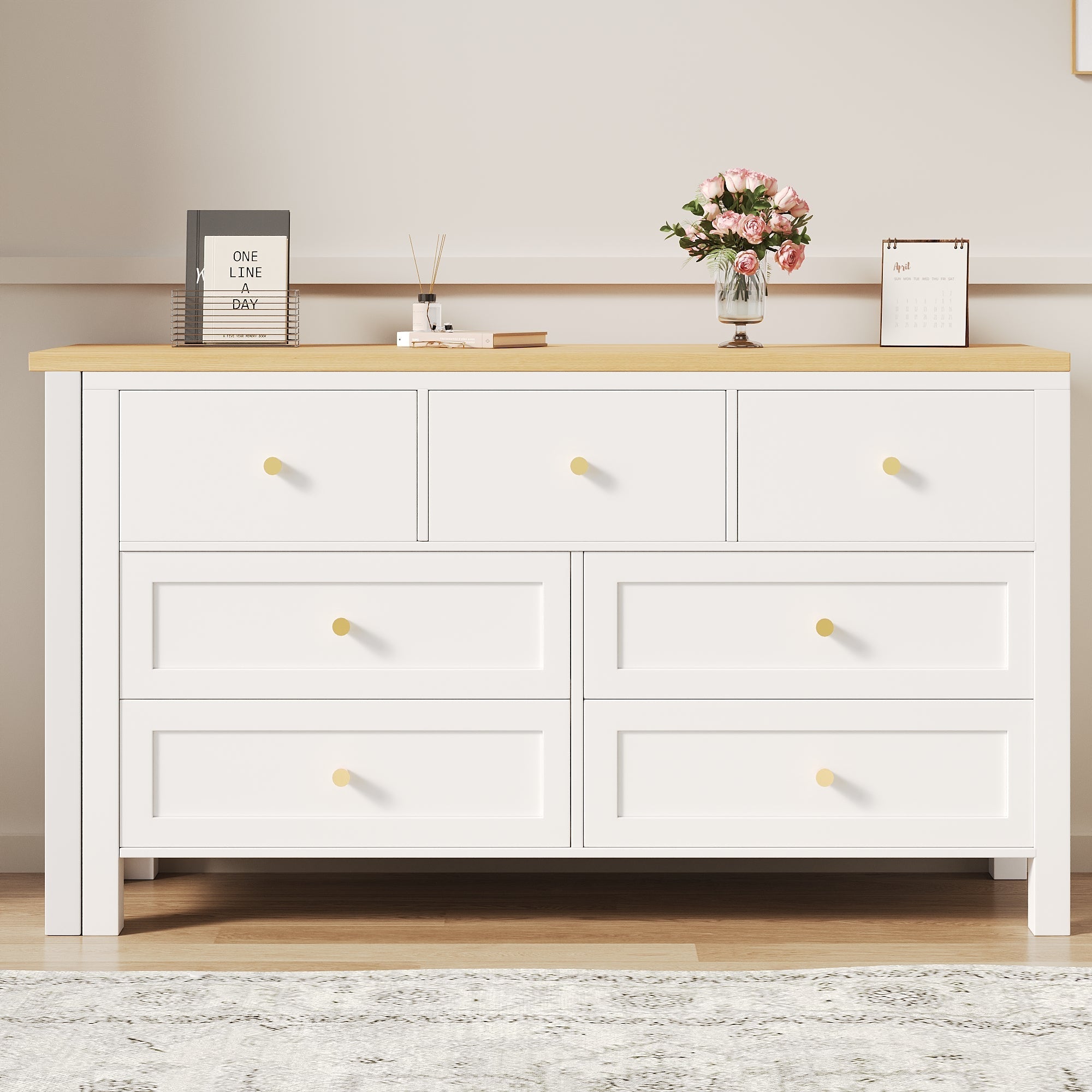 Desk, 7-Drawer 2-in-1 Rotating Workbench Sideboard, White/Natural Oak Look