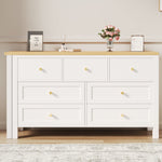 Desk, 7-Drawer 2-in-1 Rotating Workbench Sideboard, White/Natural Oak Look