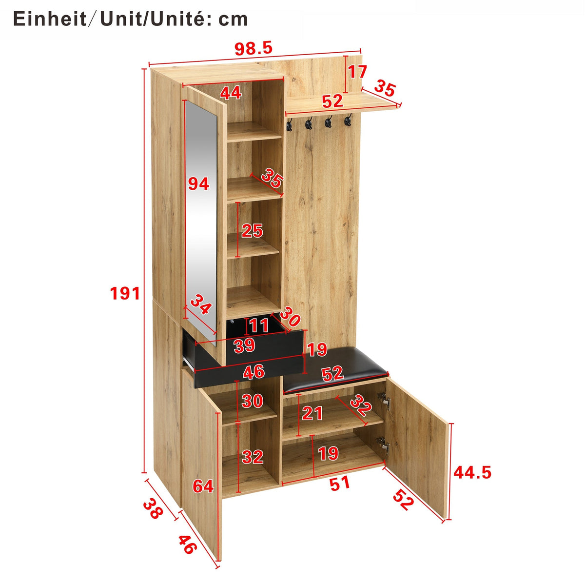 Wardrobe Set: 5 Hooks, Mirror, Shoe Cabinet, Built-in Storage, Hallway Bench.