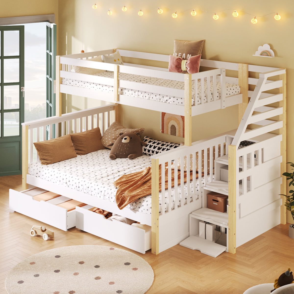 Iron Bunk Bed with Ladder & Storage, 120x200cm, Black Iron & MDF