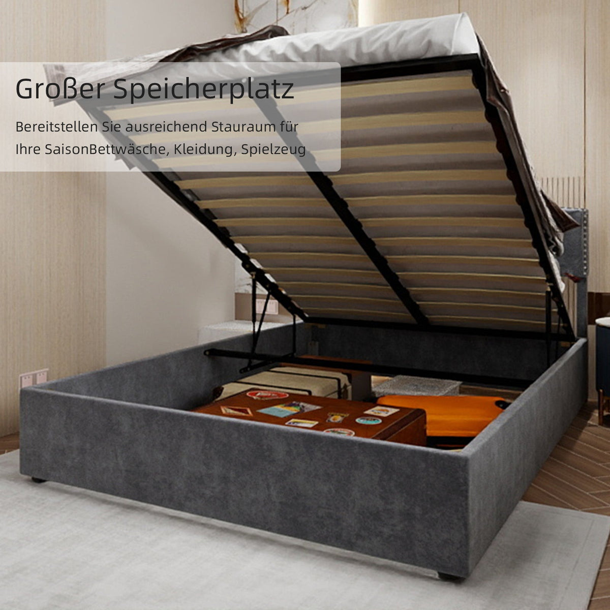 Modern Minimalist Soft Bed, High Box with Pneumatic Rod, 160*200CM, Gray