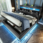 Upholstered Double Bed with Hydraulic Storage, LED Lighting and Charging Station, 140x190cm, Grey Linen