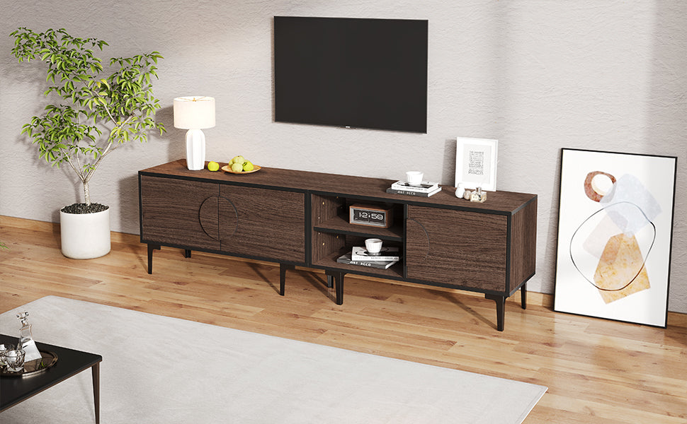 TV Cabinet Lowboard 180cm 2 Cabinets Open Shelves for 80 Inch TV - Dark Walnut