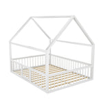 Flatbed Metal Bed 140x200cm with House Trim & Railing - White