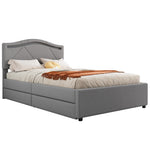 Upholstered Bed with LED Lights, 2 Drawers and Adjustable Headboard, Grey Linen