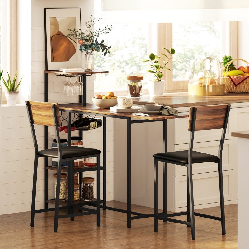 Bar Table with Stool Set, 3-Piece Folding Kitchen Table with Wine Rack, Steel Frame, Brown