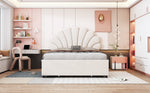 Upholstered Bed, 140x200cm Flower Headboard, Storage, Velvet Beige