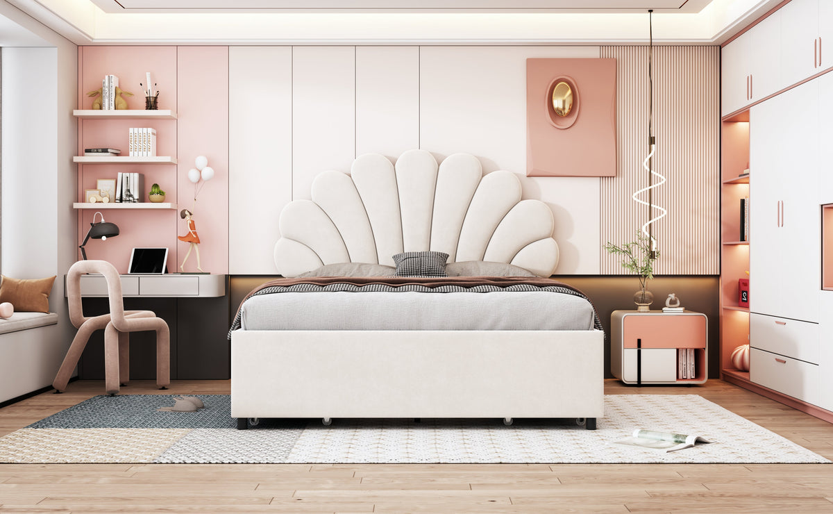 Upholstered Bed, 140x200cm Flower Headboard, Storage, Velvet Beige