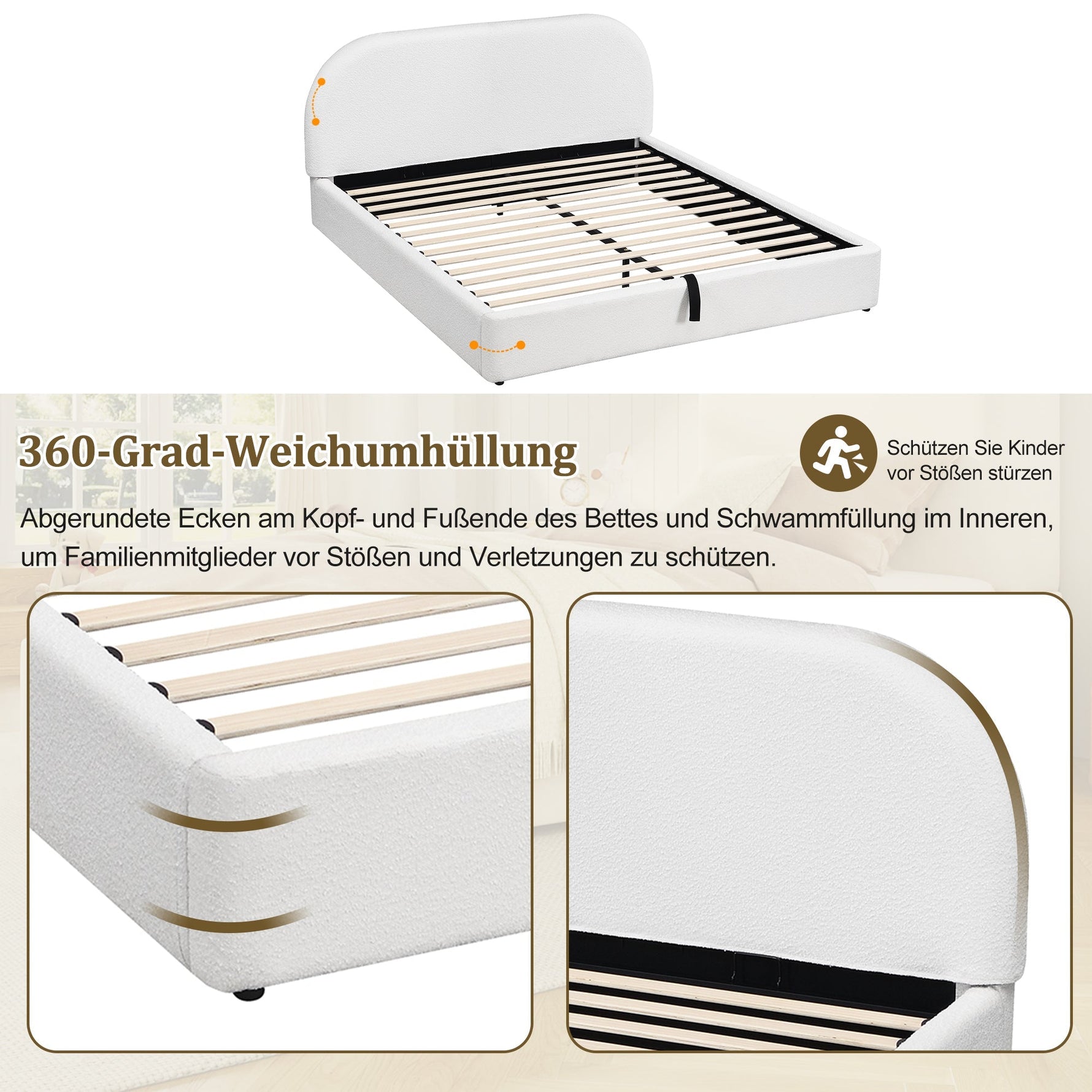 Upholstered Double Bed 180x200cm with Hydraulic Storage and Slatted Base, Beige Bouclé