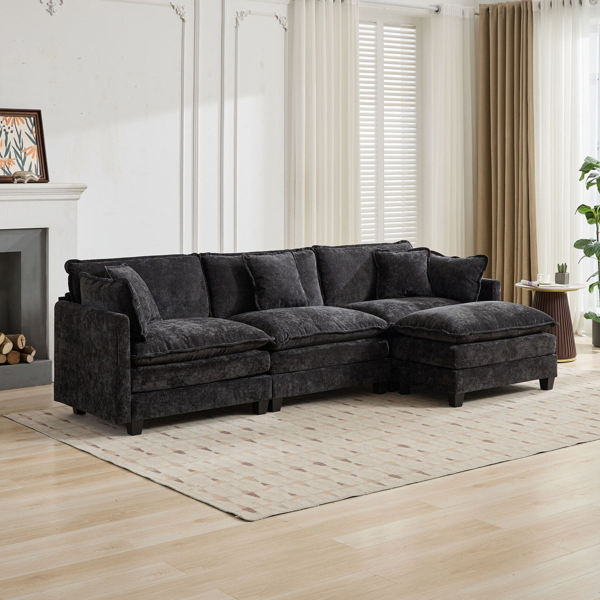 Cloud Sofa Ottoman - Modern Sectional Double Layer Cushion - Black Chenille