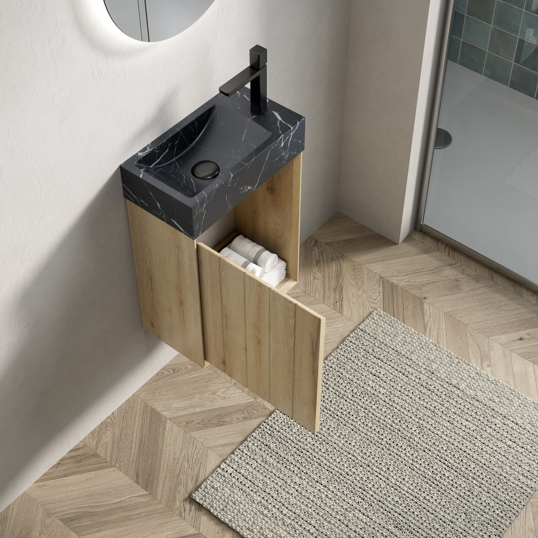 Wall-Mounted Bathroom Vanity Unit with Undermount Sink and Striped Cabinet, White Oak Wood Grain