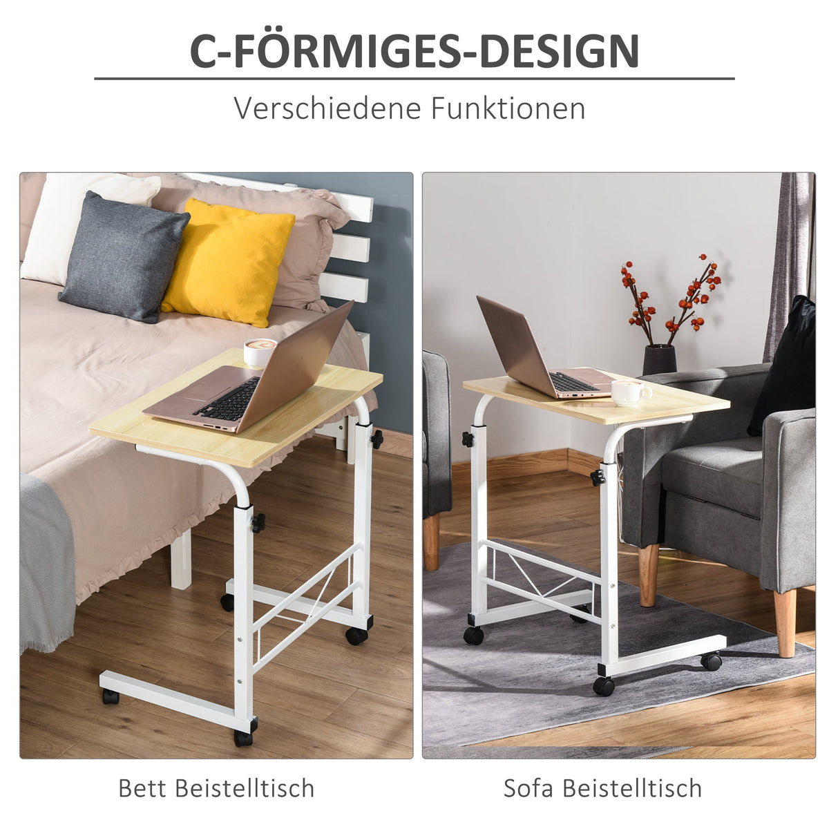 Side Table Adjustable Mobile C-Table, Chipboard & Steel