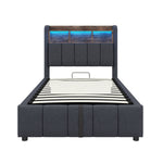 Upholstered Bed 90x200cm LED/USB Headboard Storage Hydraulic Single Linen Grey