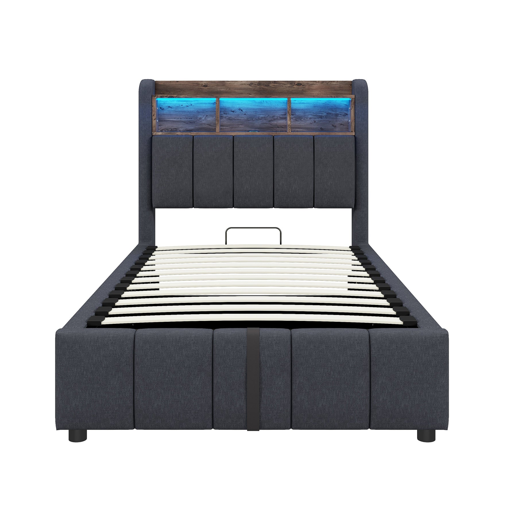 Upholstered Bed 90x200cm LED/USB Headboard Storage Hydraulic Single Linen Grey