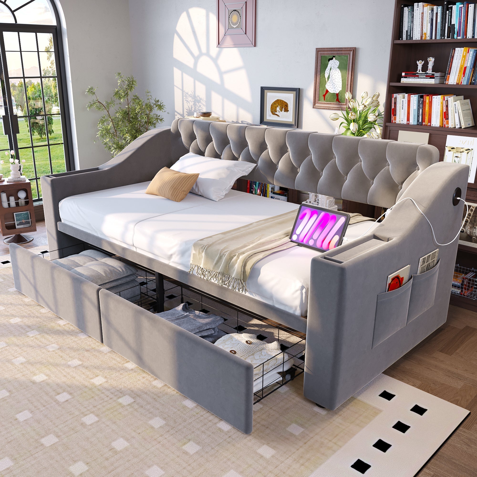 Upholstered Sofa Bed 90x190cm USB Charging Armrest Storage Drawer Light Grey Velvet