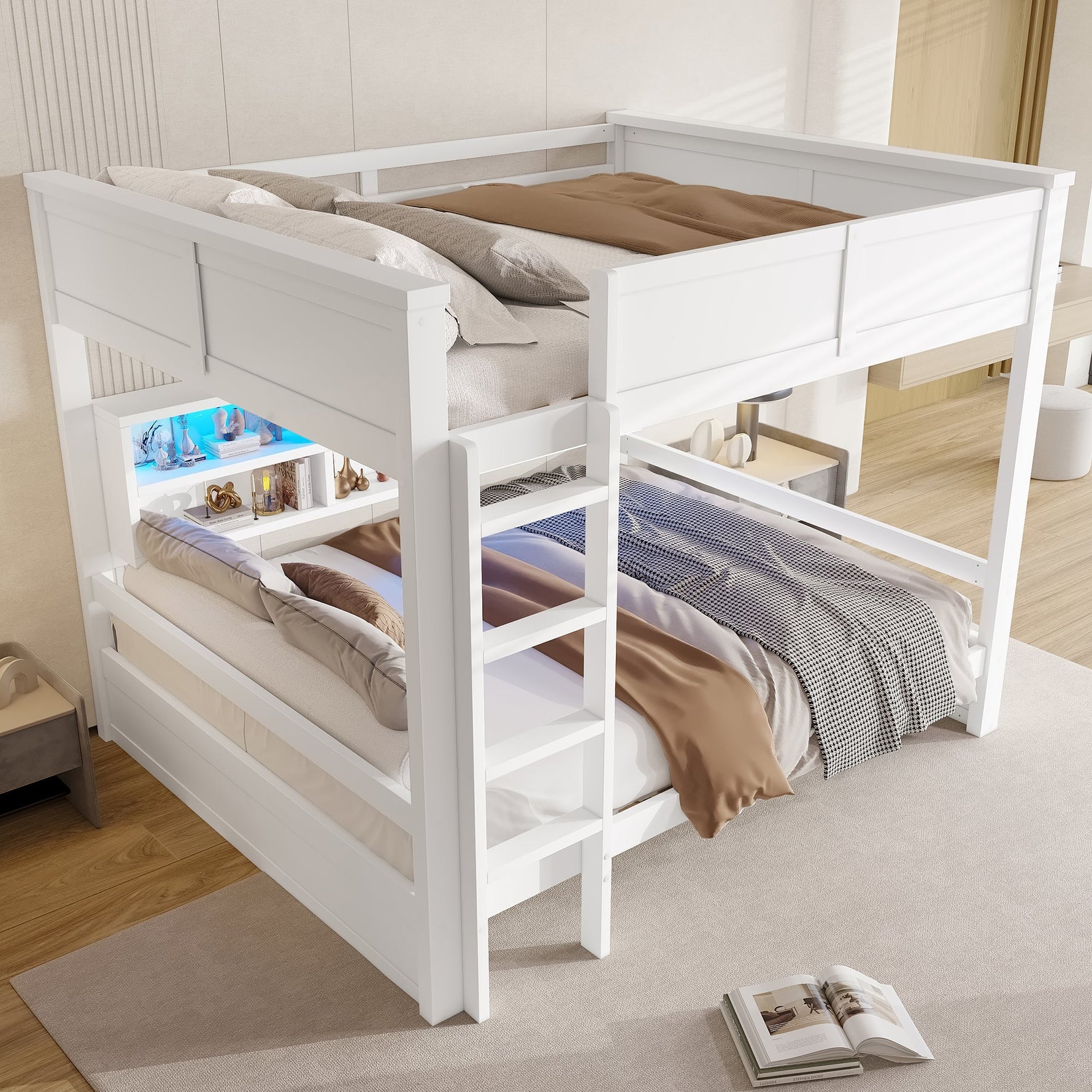 Bunk Bed with Storage Cabinets and LED Light, 160x200cm, White