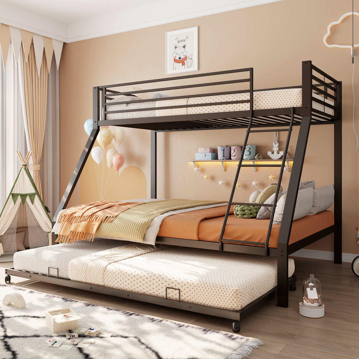 Metal Bunk Bed with Pull-Out Bed, 3 Sleeping Places, Black