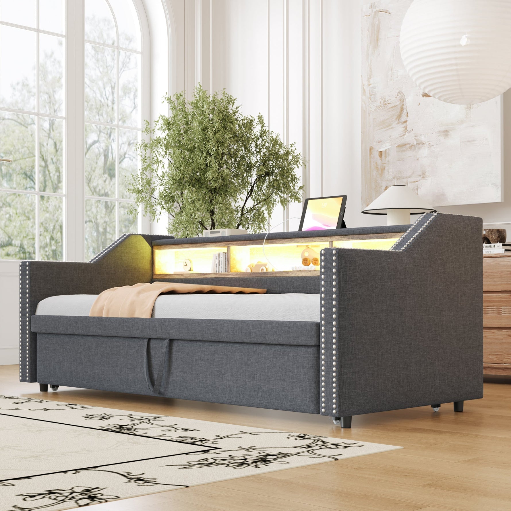 Upholstered Bed Pull-Out Sofa Bed 90/180 x 190 cm with LED & USB, Dark Grey