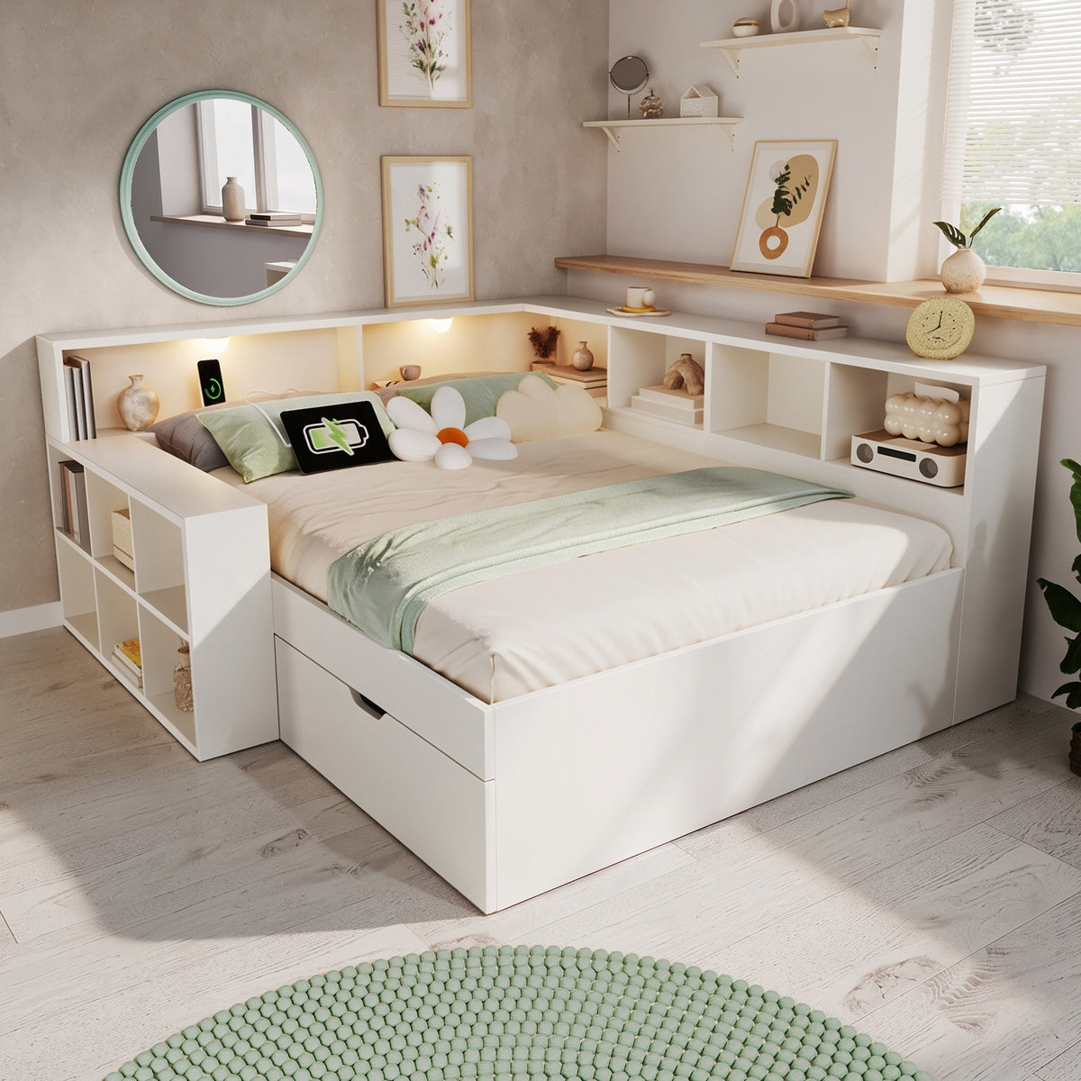 Wooden Double Bed 140x190cm with Storage & USB, White