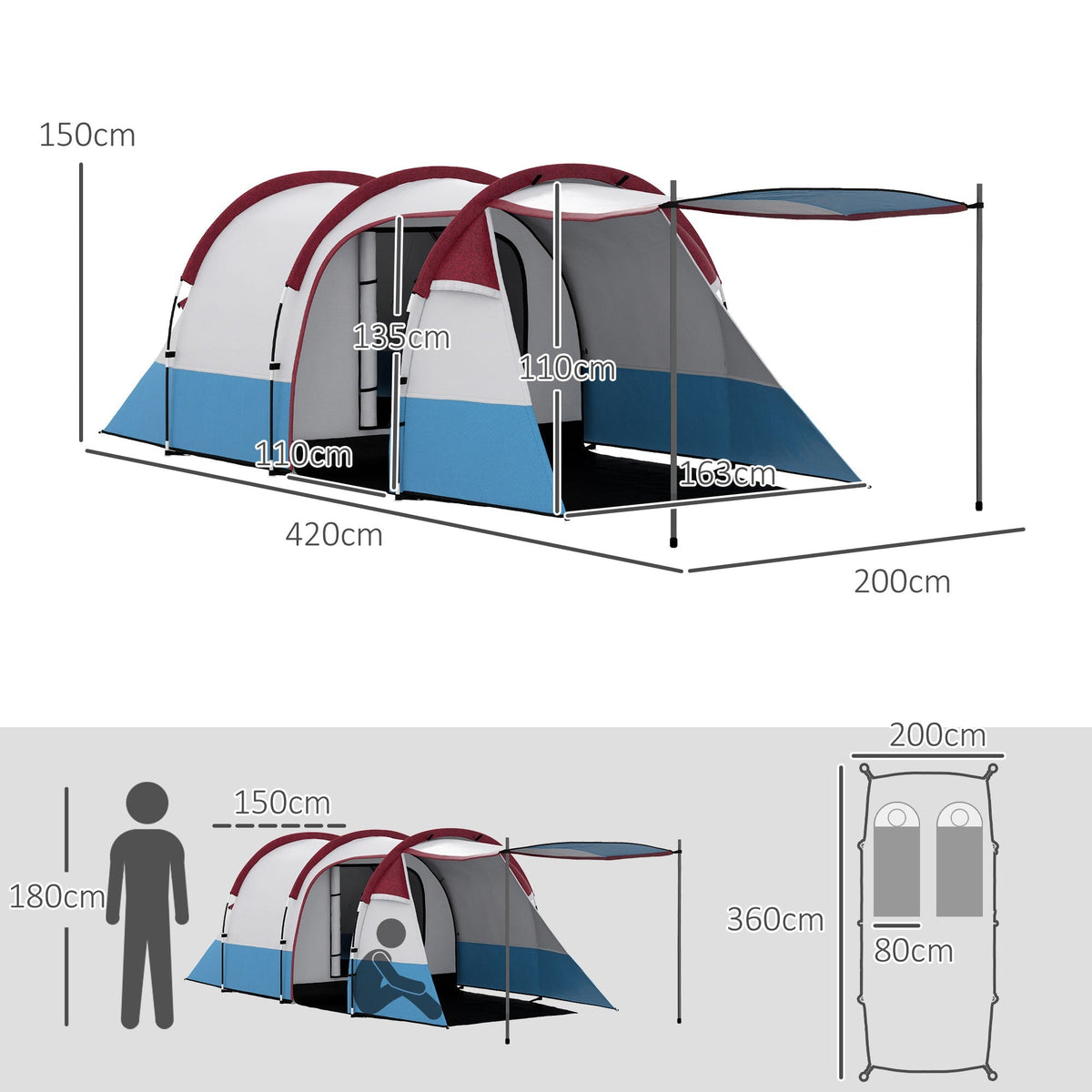 Camping Tent, 3 Person Tunnel, Light Hook & 2 Rooms, Red