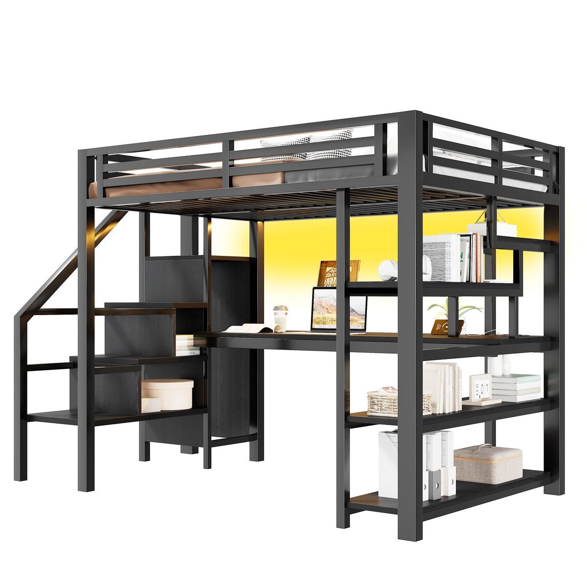 Metal Loft Bed 140x200cm with Stairs, Integrated Desk, Wardrobe, USB Charging and LED Lighting, Black